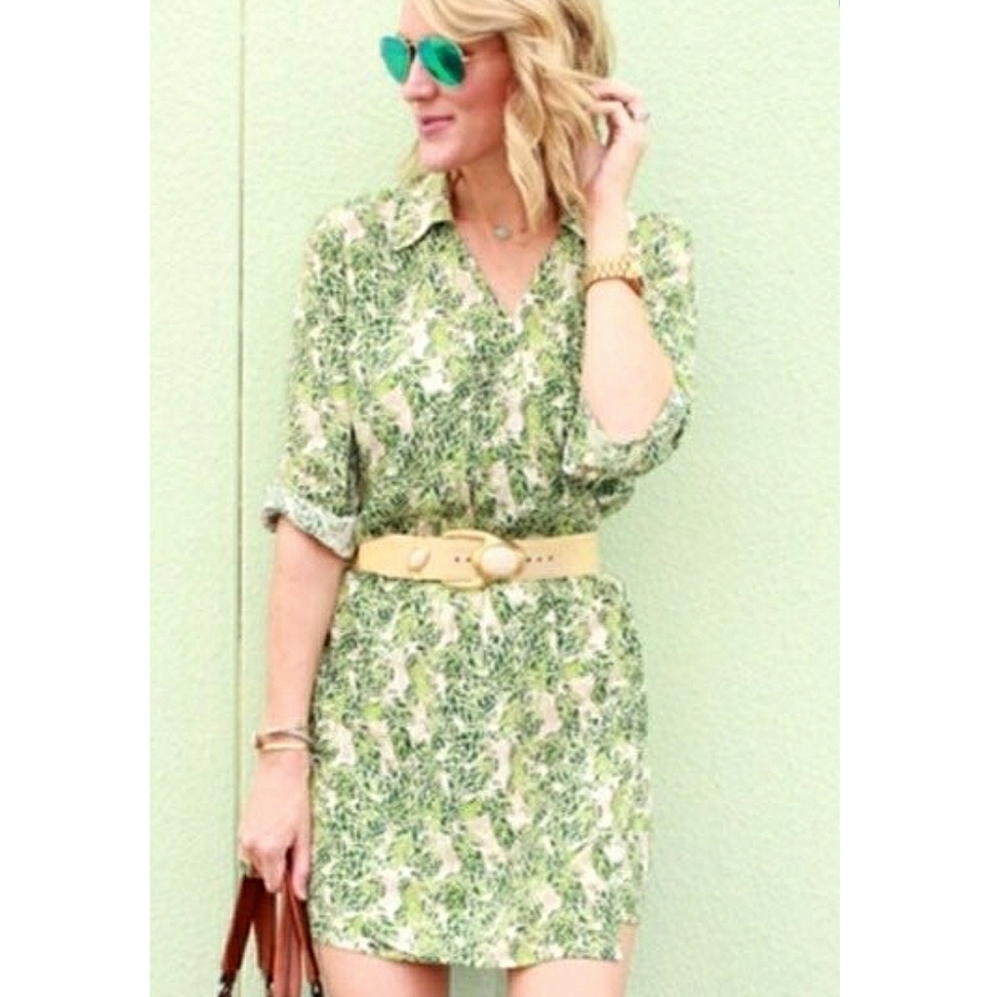 CAbi green palm leaf v-neck faux wrap mini dress M